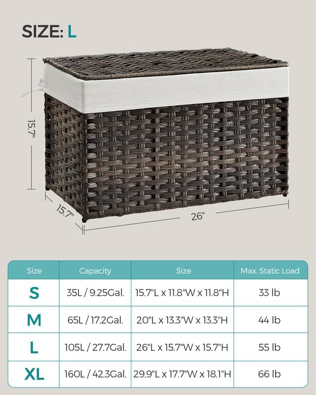 SONGMICS Storage Basket with Lid, Woven Blanket Storage Bin with Handles, Foldable, Removable Liner, Metal Frame, for Bedroom, Laundry Room, 27.7 Gallons (105 L), Brown URST066K01 - Image 7