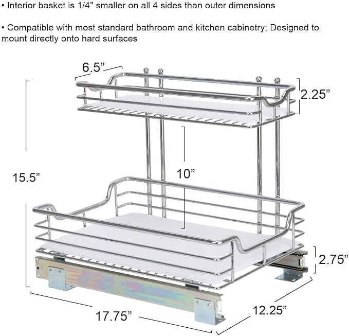 Household Essentials Glidez Chrome-Plated Steel Pull-Out/Slide-Out Storage Organizer with Plastic Liners for Under Sink or Cabinet Use - 2-Tier Design - Fits Standard Size Cabinet or Shelf, Chrome - Image 3