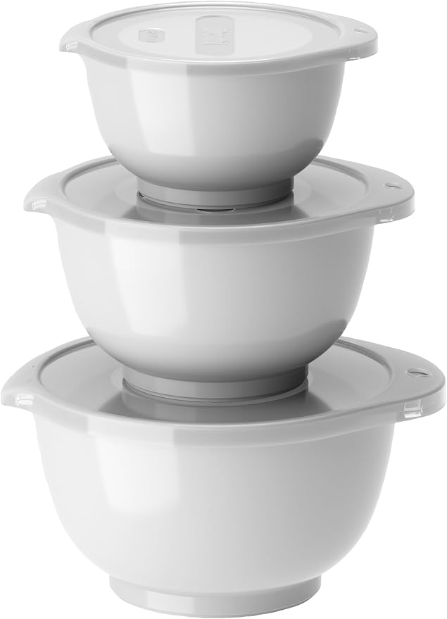 Rosti Margrethe Mixing Bowl Set, 6 Pieces with 3 Mixing Bowls and 3 Lids, Made of Recyclable Plastic, 0.25 Litres, 0.5 Litres and 0.75 Litres, White by Rosti