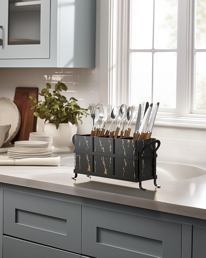 Classic Farmhouse Kitchen Organizer - Exquisite Black Gold Marble Metal Silverware Caddy, 3 Spacious Compartments, Ideal for Cutlery, Cooking Tools & More - Image 5