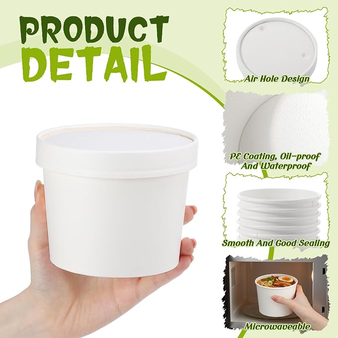 Fulmoon 100 Pack Paper Soup Containers with Lids Disposable Paper Food Containers with Vented Lid Kraft Ice Cream Cake Dessert Cups Soup Bowl for Party Hot Food Fruit Microwave(20 oz,White) - Image 3