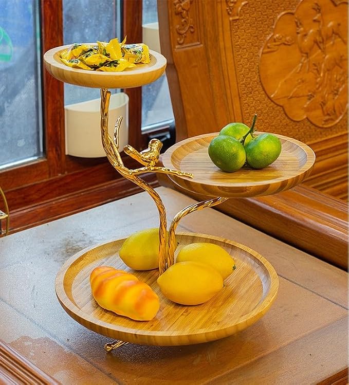 3-Tier Fruit Basket Electroplating Metal Stand Decorative Fruit Bowl Rack Bamboo Wooden Storage Trays Table Countertop Holder for Vegetables Bread Snack for Kitchen Home Use, Gold (Type D) - Image 3