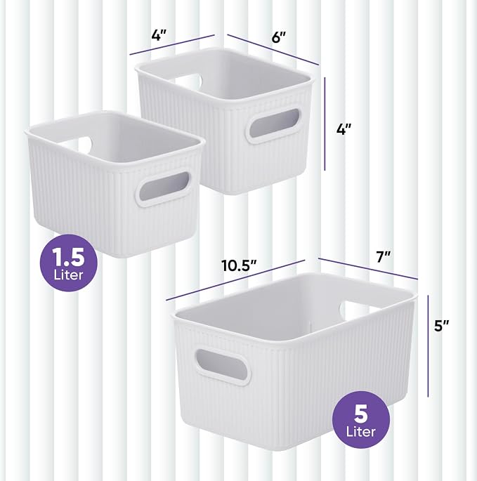 Superio Ribbed Collection - Decorative Plastic Basket Open Home Storage Bins Organizer, White Smoke (Set of 3) 1 Medium, 2 Small - Container Boxes for Organizing Closet Storage Bins for Shelves - Image 2