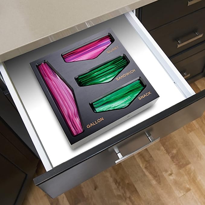 Bamboo Bag Storage Organizer, Wrap Dispenser, and Drawer Organizer Bundle for Kitchen Drawer (Black) - Image 2