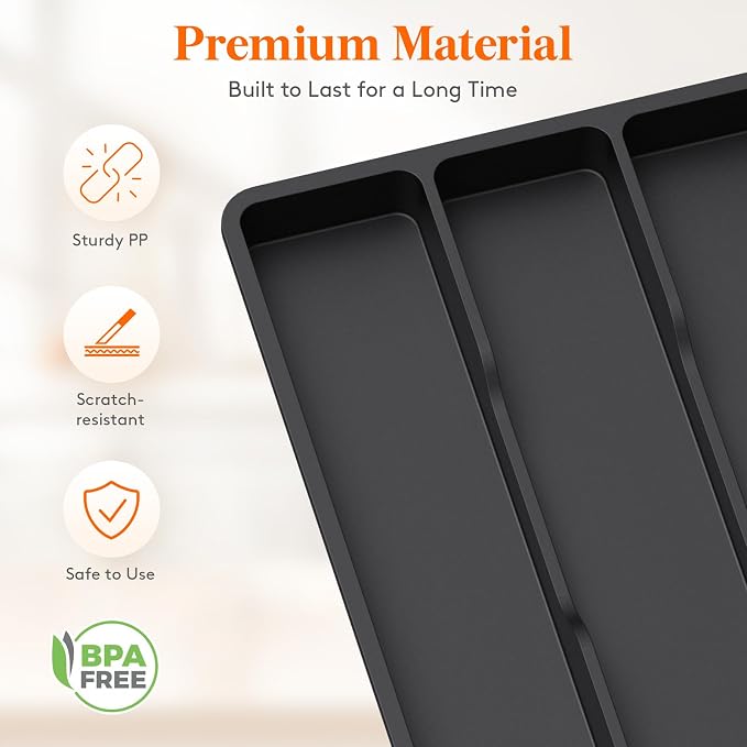 Lifewit Utensil Organizer for Kitchen Drawer, Expandable Cooking Silverware Tray, Adjustable Cutlery Flatware Holder, Plastic Spatula Tools Storage Divider, 17.3 x 15.8", Black - Image 5