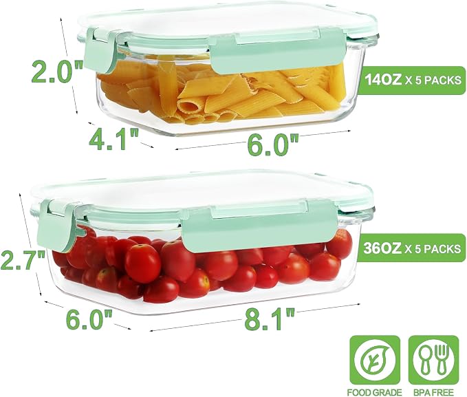 HOMBERKING 10-Pack Glass Meal Prep Containers, 36 oz/14 oz, Locking Lid Set | Borosilicate Glass Food Storage Containers Set, Airtight Lunch Bento Boxes, BPA-Free, Dishwasher Freezer, Oven Safe-Blue - Image 2