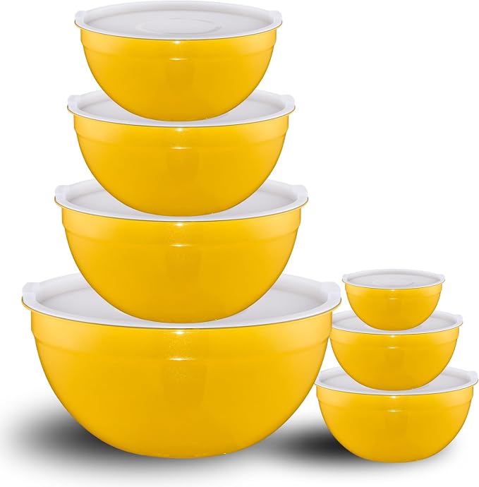 Yellow Mixing Bowls with Lids Set of 7, Stainless Steel Nesting Bowl with Khaki Lid for Non-slip Mixing Prepping Storing Serving, 7 Sizes-7/3.6/2.7/2.1/1.5/1/0.8 QT by LKTDYMEG
