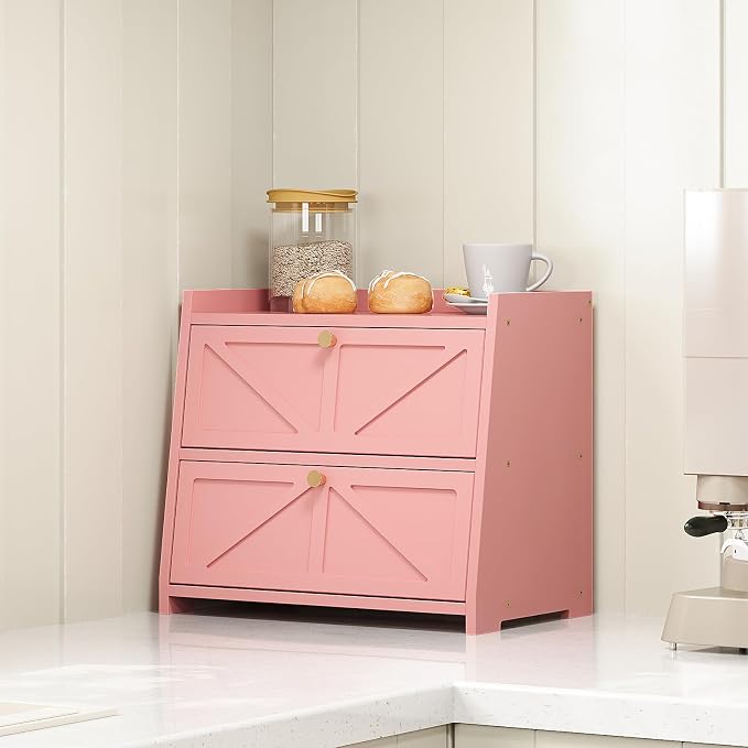 Trironsun Vintage Double Layer Bread Box for Kitchen Counter Bamboo Bread Storage Container Large Capacity Bread Storage Bin (Pink) - Image 3