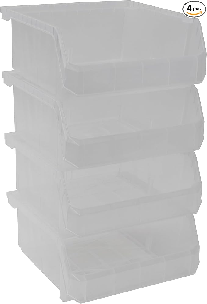 Medium-Wide Stackable Plastic Storage Bins, 4-Pack, Clear | Open-Front Stackable Bins For Garage, Pantry, Closet & Office, 11"L X 11"W X 5"H, Nests When Empty, Durable Plastic, by Akro-Mils