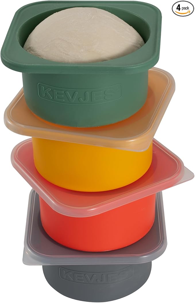 PLUS 1000ml Pizza Dough Proofing Containers for DIY family Artisan Pizza, Food Grade Silicone Stackable Boxes with Lids, Freezer, Fridge, Dishwasher Safe,4sets (Green+Space Gray+Yellow+Red) by kevjes