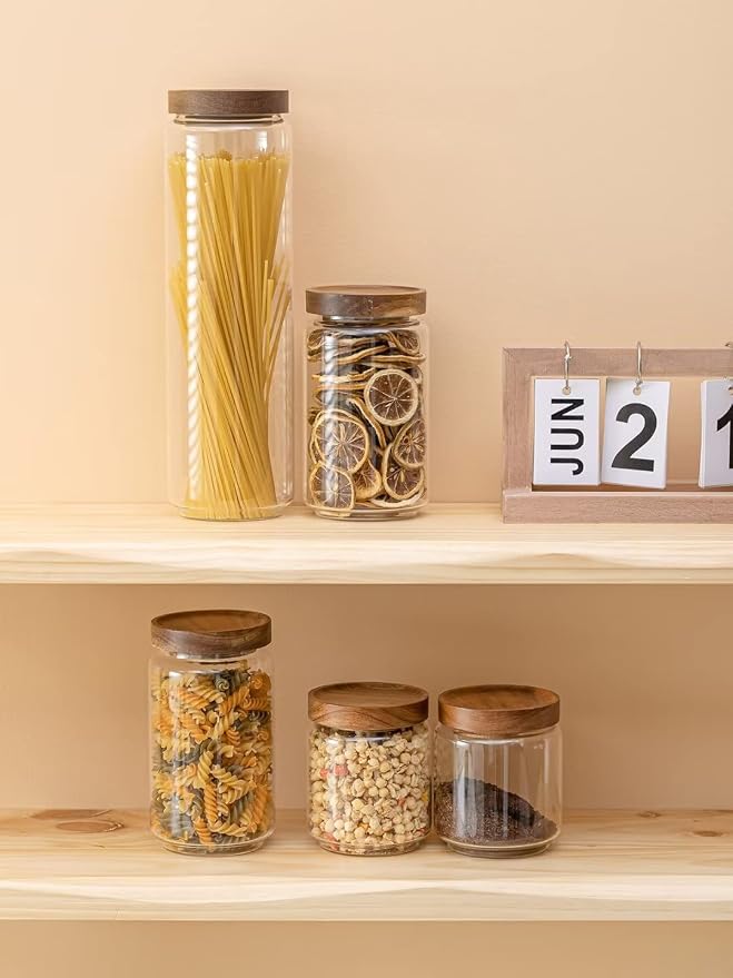 Kanwone Airtight Food Storage Containers with Bamboo lids set of 5, Stackable Food Storage Containers, Glass Canisters for Pantry, kitchen, Flour, Sugar, Tea, Coffee, Pasta, Cookies, Rice and Spice - Image 5