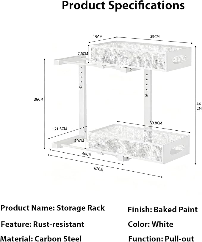 2 Pack Under Sink Organizer, 2-Tier Pull Out Kitchen Cabinet Organizer, Height Adjustable Metal Slide Out Bathroom Organizers and Storage Makeup Drawer Organizer for Office Bedroom(A-White, 2Pack) - Image 7