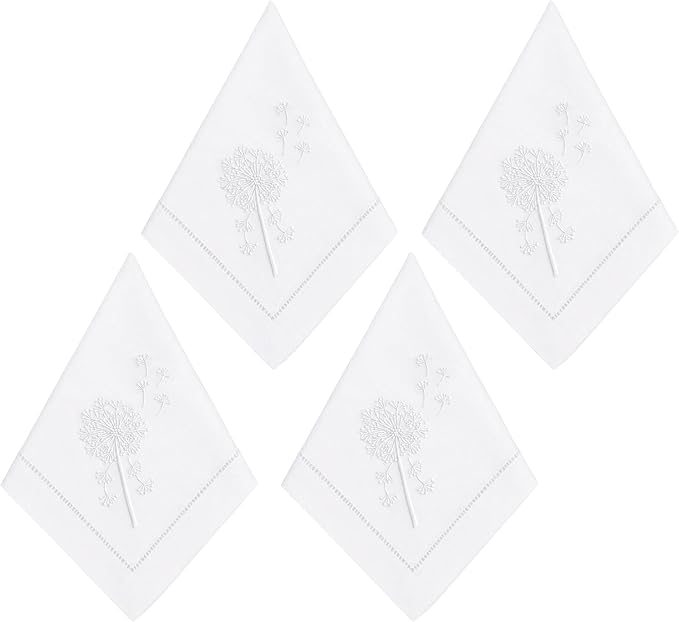Cloth Napkins Set of 4, 20x20 inch, 100% Pure Cotton Hand Embroidered French Knot, Reusable & Machine Washable, Elegant Table Napkins for Dinner, Weddings, Parties (White Dandelion) by EmbroideryLinenVN