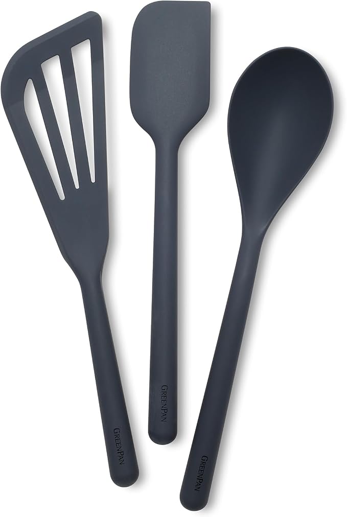 GreenPan Silicone 3 Piece Cooking Utensil Set, Fish Turner, Mixing Spatula, Solid Spoon, Flexible Nonstick Kitchen Tools Rigid Steel Core, Heat-Resistant Anti-Slip Handle BPA-Free Dishwasher Safe Gray by GreenPan