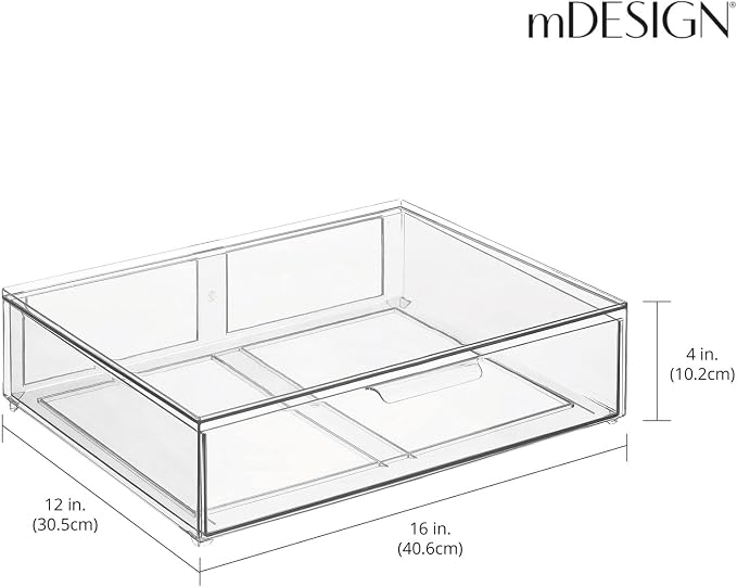 mDesign Wide Plastic Stackable Bathroom Storage Organizer Bin with Pull Out Drawer for Cabinet, Vanity, Shelf, Cupboard, Cabinet, Countertop, Closet Organization - Lumiere Collection - 2 Pack - Clear - Image 2