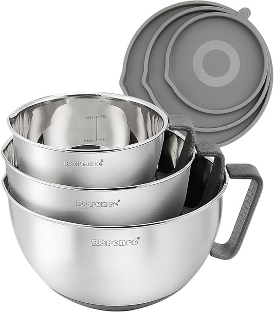 Stainless Steel Mixing Bowls Set with Lids,1.5,3 & 5 Qt,Gray | Non-Slip Silicone Base,Precision Pour Spout,Ergonomic Easy-Grip Handle,Measurement Marks,Airtight Lids,Cooking & Meal Prep by Rorence