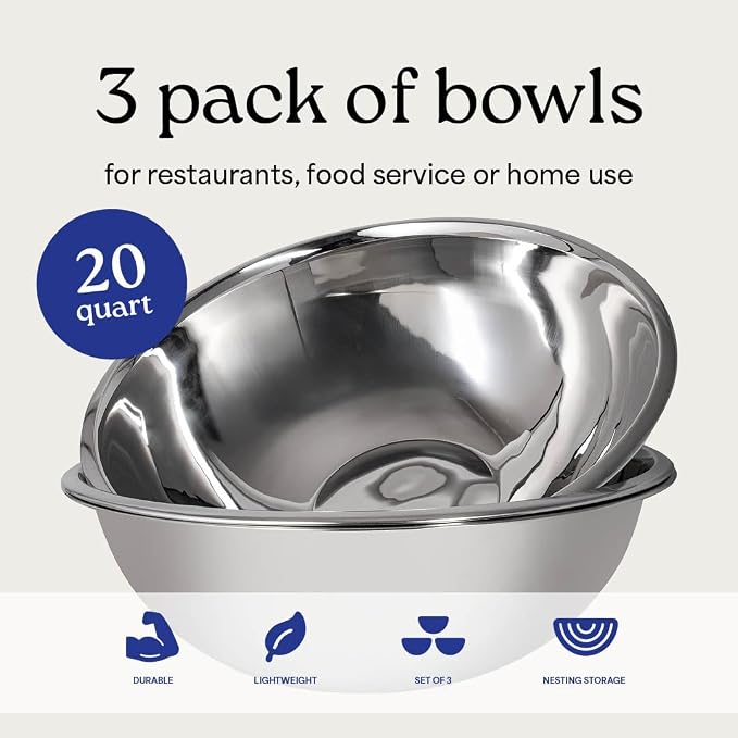 20 Quart Large Stainless Steel Mixing Bowls Set, 3-Pack, Nesting Bowls | Extra Large Commercial Grade Metal Bowls for Meal Prep, Baking, Serving, Food Storage. Rustproof & Dishwasher Safe - Image 3