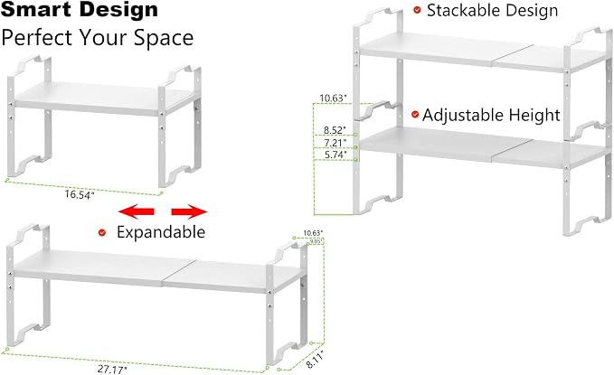 Jojocross Expandable Shelf for Cabinet Organizer Adjustable Stackable Spice Rack at Kitchen and Bathroom More, Counter Countertop Cupboard Organization Pantry Storage(MEDIUM/3PACKS/WHITE) - Image 3