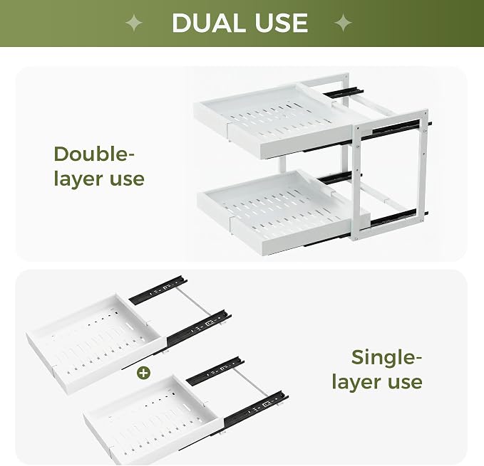 Abalter Expandable Pull Out Cabinet Organizer(12-18.5" W x 21" D), 2-Tier Slide Out Drawer for Kitchen Cabinets, Slide Out Shelves for Kitchen Countertop, Bathroom, Pantry, Heavy Duty Caddy(White) - Image 4