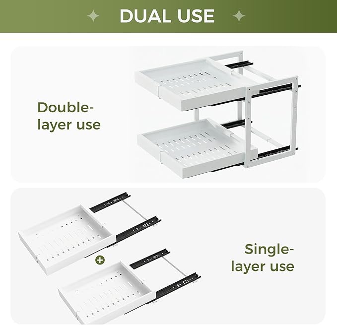 Abalter Expandable Pull Out Cabinet Organizer(12-18.5" W x 21" D), 2-Tier Slide Out Drawer for Kitchen Cabinets, Slide Out Shelves for Kitchen Countertop, Bathroom, Pantry, Heavy Duty Caddy(White) - Image 4