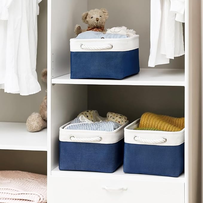 Storage Basket for Organizing - Medium 3 Pack 14x10x7 inch Fabric Storage Cubes for Shelves with Rope, Collapsible Storage Bin for Organizer Closet Cloth Gift Toy (White & Jean Blue) - Image 3