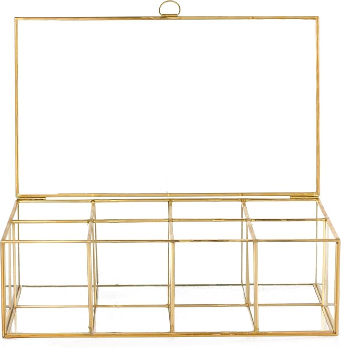 NCYP Glass Tea Bags Organizer with Lid, 8 Compartments Teabag Container, Indoor Counter Top Brass Display Case, 12" x 7.1" x 3.7" Teabag Storage Box, Gold Decor (Glass Box Only) - Image 6