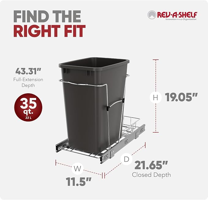 Rev-A-Shelf Single 35 Qt Pullout Trash Can for Base Kitchen Cabinets, Garbage Waste Bin System with Full Extension Slides, Min Opening Width of 11.5", Orion Gray, RV-12KD-13C-S - Image 3