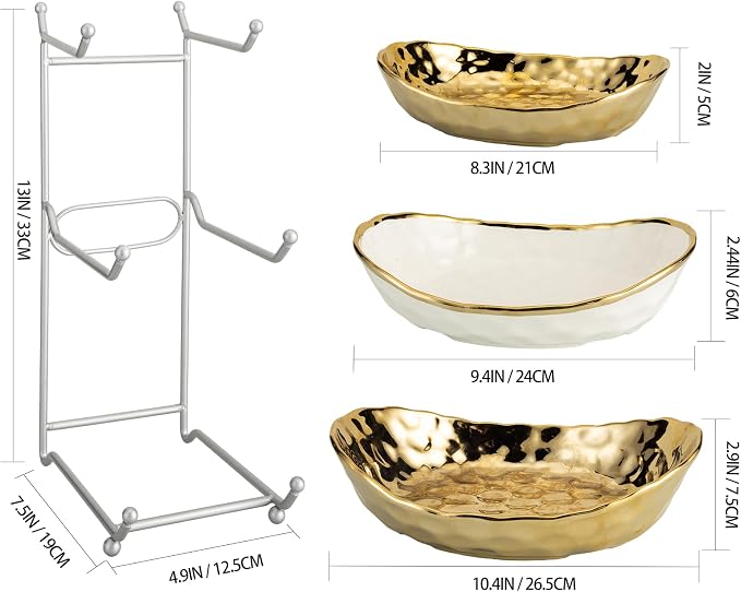Ceramic Fruit Bowl for Kitchen Counter, 3 Tier Ceramic Serving Bowls with Metal Stand, Fruit Basket Stand Fruit Serving Tray Set for Vegetable Storage, Candy Snack Dessert Cake (Gold) - Image 7
