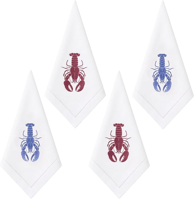 Cloth Tea Napkins Set of 4, Marine Animal Print Cloth Napkins, Reusable Cotton Table Napkins for Dinners, Beach Parties, Coffee and Cocktail Settings, 20x20 Inches (Lobster) by EmbroideryLinenVN