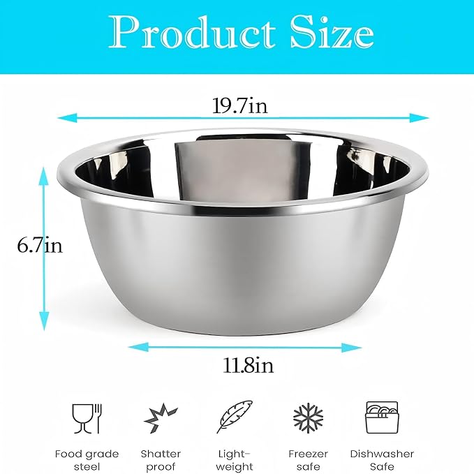 meleg otthon Stainless Steel Mixing Bowl, 23 Quart Salad Bowl, Metal Bowls, Stainless Steel Basin, Heavy Duty Deeper Edge Mirror Finish Dishwasher Safe Bowl - Image 2