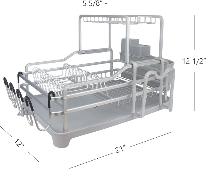 GMT-10353-B Aluminum Dish Drying Rack with Utensil Holder - 2 Tier Kitchen Countertop Rust Proof Dish Rack Lid Hanger and Drainboard Set - Large Dish Organizer Rack - Image 2