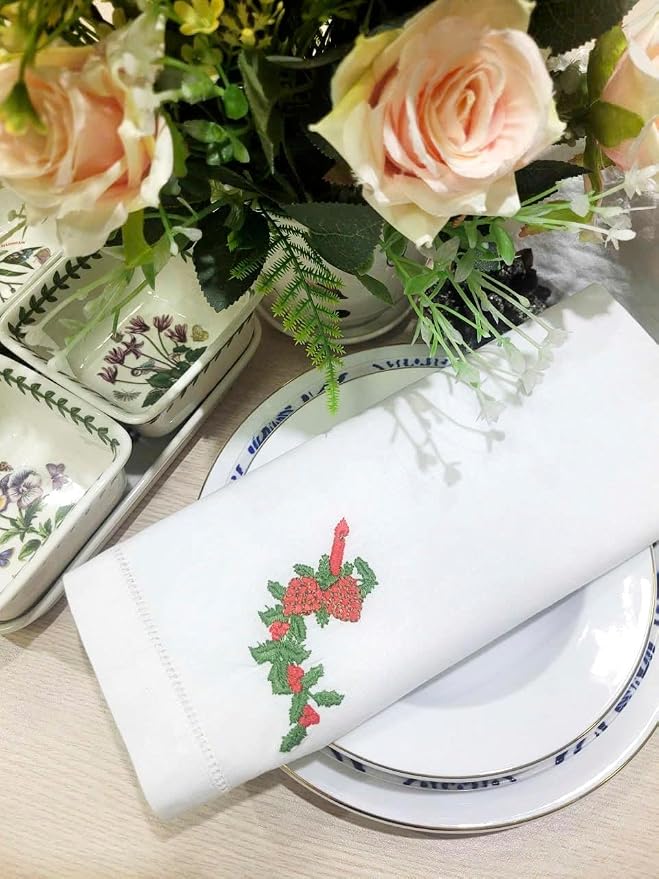Embroidered Cloth Napkin Strawberry Candle Holly Christmas Cotton Napkins Set of 6, 20 x 20 Hemstitch Table Napkins Machine Washable, Daily & Holidays, Great Gift Ideas - Image 5