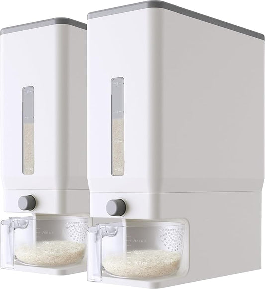 Lifewit Rice Dispenser 25 Lbs, Airtight Storage with Cup, 2 Pack White | BPA-Free 11.3kg Capacity Storage Container for Beans, Corn & Other Small Grains, One-Press Dispensing Bin for Kitchen Pantry by Lifewit