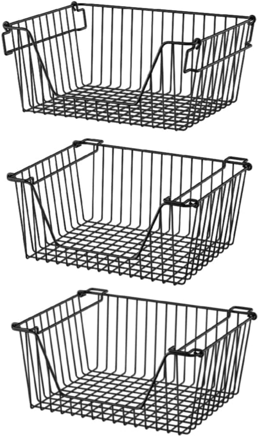 Slideep Wire Storage Baskets, Freezer Baskets Farmhouse Stackable Organizer Storage Bins Large Organizer for Storage, Office, Bathroom, Pantry Organization Storage with Handles 14" Black -Set of 3 by WelcometotheSlideep