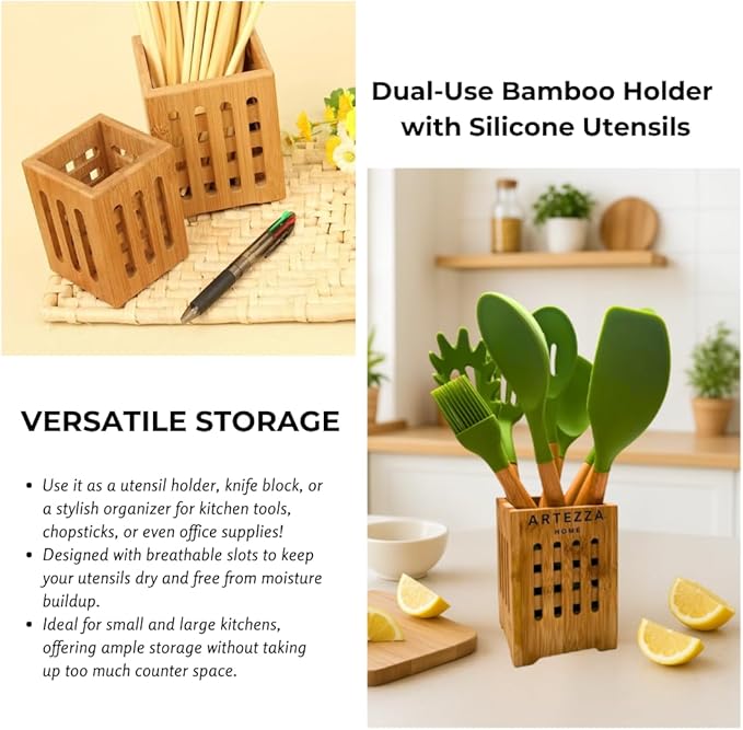 Green Silicone Kitchen Utensil Set – 10-Piece Cooking Tools with Wooden Handles & Ventilated Bamboo Holder, Heat-Resistant Silicone, Nonstick Safe, BPA-Free Kitchen Gadgets Set – Sage Green - Image 6