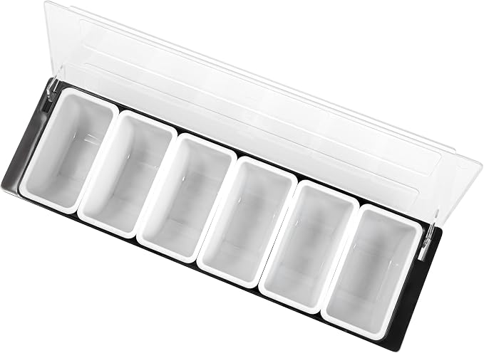 Restaurantware Bar Lux 19.6 x 6.3 x 3.7 Inch Condiment Caddy 1 Durable Bar Caddy - 6 Removable Compartments Built-In Lid Black Plastic Condiment Holder For Restaurant Store Cocktail Garnish - Image 13