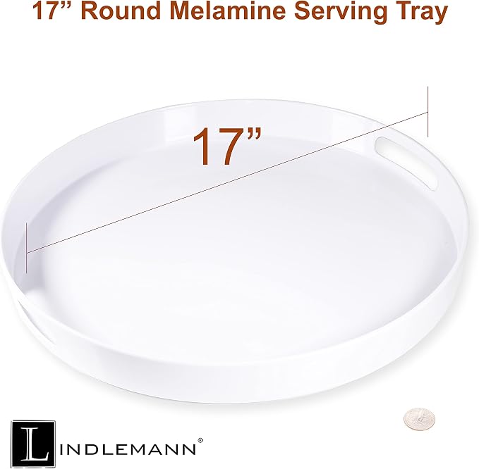 White Serving Tray Large Melamine Platter Round Breakfast Trays with Handles for Coffee Table Ottoman Living Room Home Décor Holiday Celebration & Party (17") - Image 2