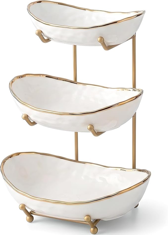 YYW 3 Tier Fruit Bowl for Kitchen Counter, White Ceramic Fruit Basket for Countertop, Home Fruit Stand with Metal Holder, Vegetable Bowl Snacks Nuts Bread Candy Storage (Gold 3-layer) by YYW