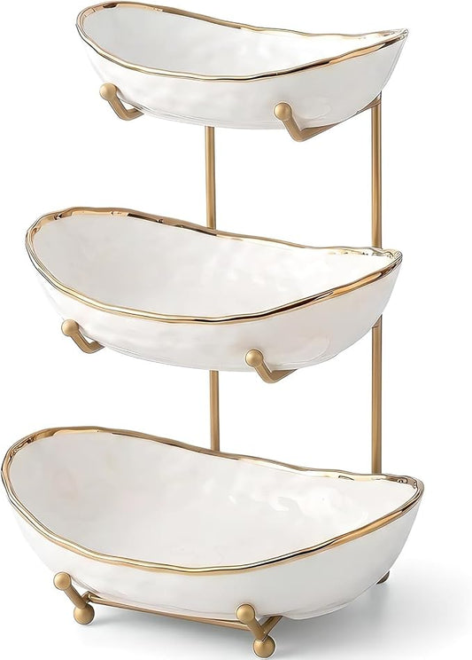 YYW 3 Tier Fruit Bowl for Kitchen Counter, White Ceramic Fruit Basket for Countertop, Home Fruit Stand with Metal Holder, Vegetable Bowl Snacks Nuts Bread Candy Storage (Gold 3-layer) by YYW