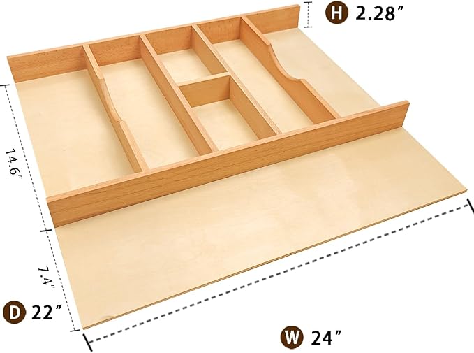Silverware Drawer Organizer - Trim-to-Fit with Adjustable Dividers for Kitchen Utensil Storage, Beech Wood Frame with 11 Sizes (24" W x 22" D) - Image 4