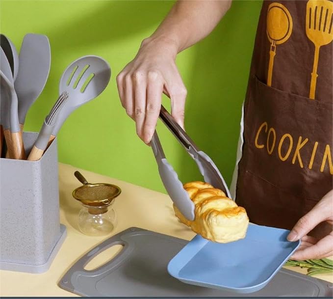 19 Pcs Kitchen Cooking Utensils and Knife Set with Block, Include 11 Pcs Silicone Cooking Utensils Set 5 Pieces Sharp Stainless Steel Chef Knives Scissors Whisk Tongs and Cutting Board (Grey) - Image 5