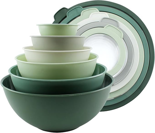 COOK WITH COLOR Mixing Bowls with Lids - 12 Piece Plastic Nesting Bowls Set includes 6 Prep Bowls and 6 Lids, Microwave Safe Mixing Bowl Set, Sage Tritan Lid by CookwithColor