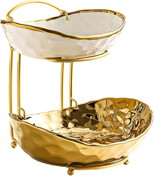 XUDREZ 2 Tier/ 3 Tier Fruit Bowl with Metal Stand for Kitchen Counter, Ceramic Gold Silver, Portable Tiered Fruit Basket Fruit Rack for Nuts, Snacks, Bread, Candy Storage (Gold, 2 Tier) by XUDREZ