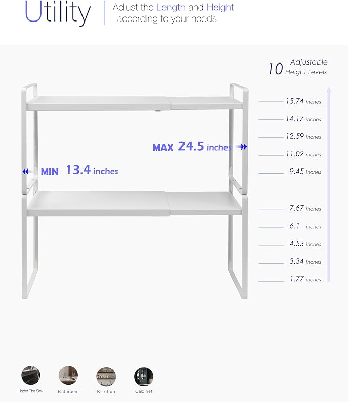 Nxconsu Kitchen Cabinet Shelf Organizers, Countertop Riser, 10.5" 2 Pack | Expandable Metal Shelf Holds 50lbs with 5 Adjustable Height Levels for Kitchen Cabinet Cupboard Pantry Countertop - Image 6