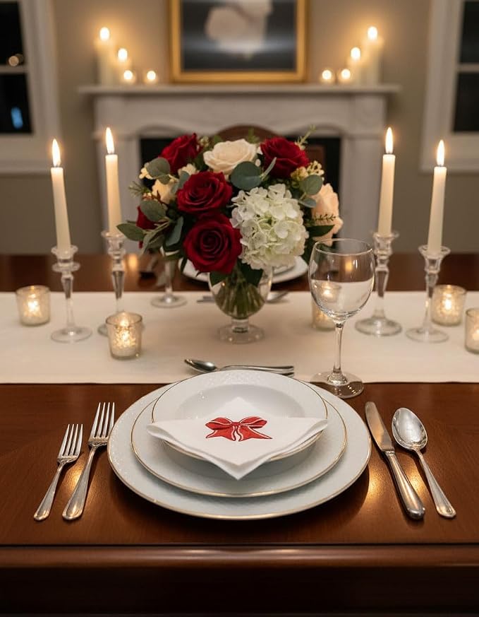 Embroidered Cloth Napkin Red Bow Cotton Napkins Set of 6, 20 x 20 Hemstitch Table Napkins, Machine Washable, for Daily & Holiday Dining, Great Gift Ideas - Image 8