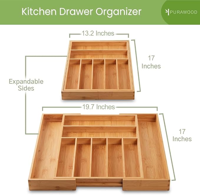 Purawood Bamboo Drawer Organizer, 2 Pack - Expandable Silverware Organizer & Utensil Organizer, Cutlery Tray with Dividers, 7-9 Slots - Premium Kitchen Organizer for Utensils & Flatware (Natural) - Image 2