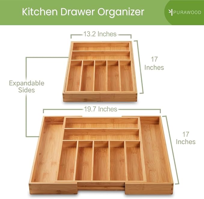 Purawood Bamboo Drawer Organizer, 2 Pack - Expandable Silverware Organizer & Utensil Organizer, Cutlery Tray with Dividers, 7-9 Slots- Premium Kitchen Organizer for Utensils & Flatware (Natural) - Image 2
