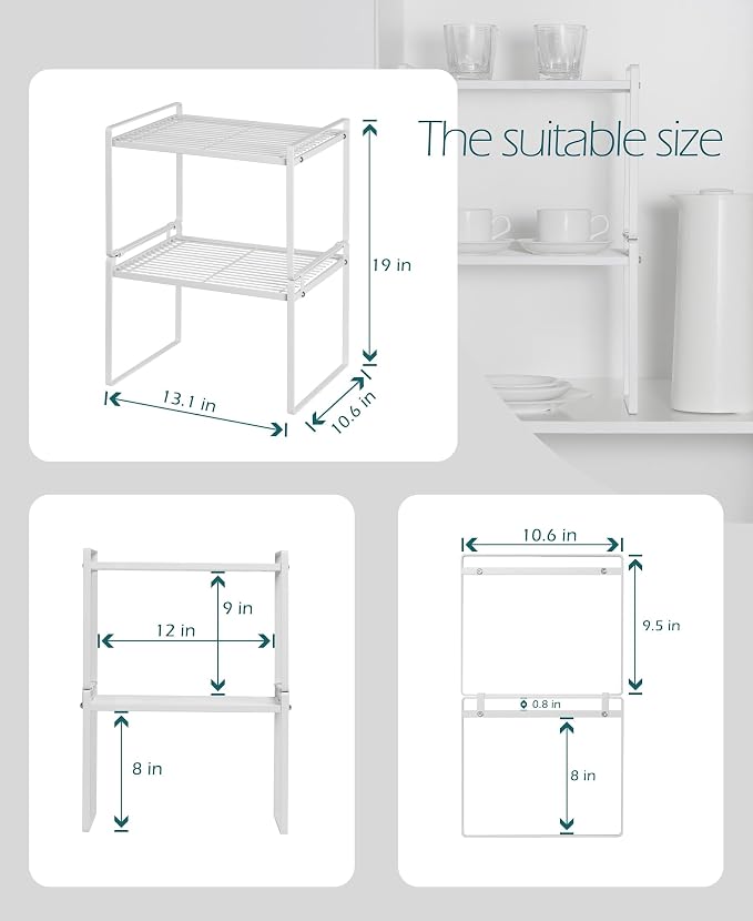 Shantton Cabinet Shelf Organizer, Pantry Shelf Rack, White 13.1x10.6x9.5 | 2-Pack Stackable Metal Riser Holds 40LBS with Non-Slip Feet for Kitchen Pantry Bathroom Countertop Freezer Cupboard - Image 3