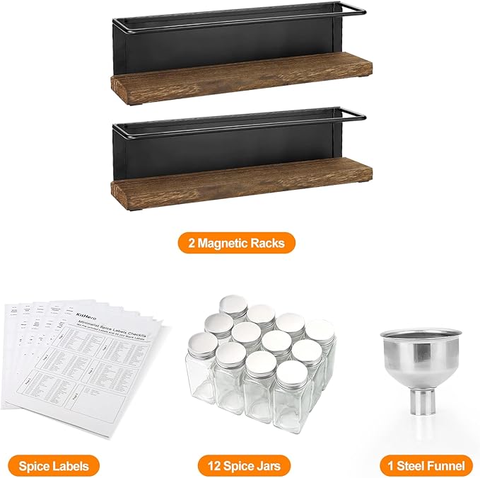 Magnetic Spice Rack Organizer with 12 Jars, 216 Labels, 1 Steel Funnel for Refrigerator，Microwave Oven - Full Set of Seasoning Organizer, Kitchen Gadgets - Image 2