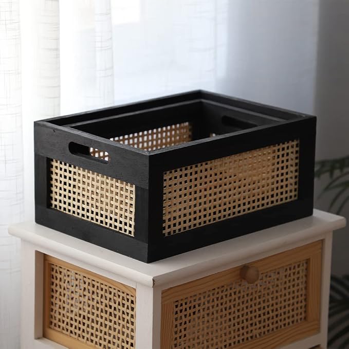 Wood Baskets, Rattan Storage Baskets for Organizing, Black, Set of 2 - Image 6